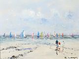 painting of people walking on the beach with sailboats in the background