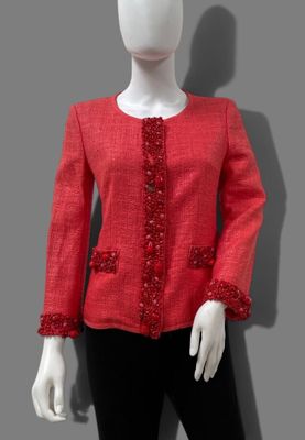 chanel red tweed jacket with lace trim and buttons