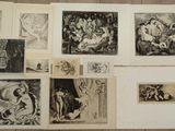 several black and white pictures of people and animals on a table