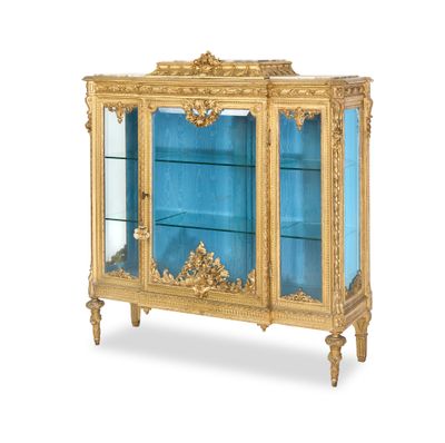 une vitrine dorée et bleue à portes vitrées