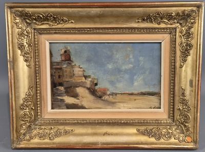 an oil painting of a beach scene with a building in the background