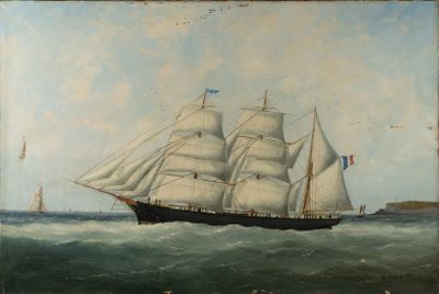 painting of a tall ship in the ocean with other ships in the background