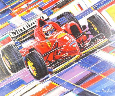 tableau représentant une voiture de course rouge roulant sur un circuit orné de lignes colorées