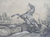 a drawing of a man on a horse that is falling off the ground