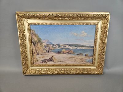 an image of a painting of a beach scene in a gold frame