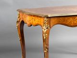 an image of a table with a wooden top on a grey background
