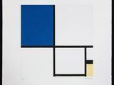 an abstract painting of blue, yellow and black squares on a white background