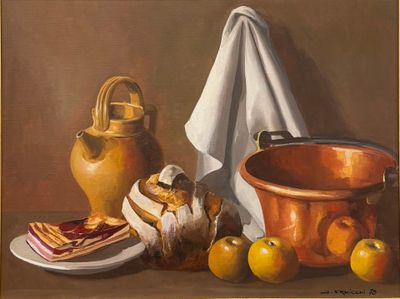 une peinture représentant une nature morte avec des oranges et un pot