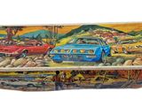 painting of two cars in a desert scene on a wooden box