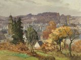 painting of a view of a town with a church in the distance