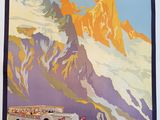 mountains are in the background of this vintage travel poster