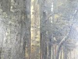un tableau représentant une forêt avec des arbres et un banc