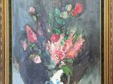 an oil painting of a vase with flowers in it on a table