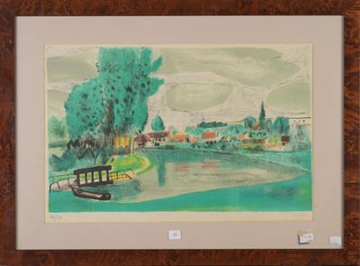 framed watercolor painting of a boat on a river with a village in the background