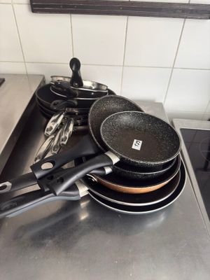 pots and pans sit on a stove top in a kitchen