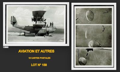 two black and white photos of an airplane with parachutes in the air