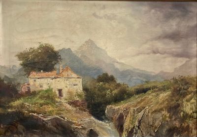 une photo d'un tableau représentant une maison à la montagne