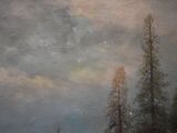 a painting of a snowy landscape with trees in the foreground