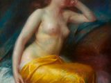 une peinture à l'huile représentant une femme assise sur un canapé, la main posée sur la tête