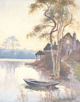 une peinture représentant un bateau sur l'eau près d'une maison