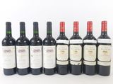 six bottles of wine lined up in a row on a white surface
