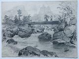 dessin au crayon représentant une rivière avec des rochers et un pont en arrière-plan