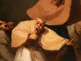 painting of a woman holding a baby in her arms with other people around her