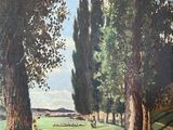painting of a river running through a lush green field next to tall trees