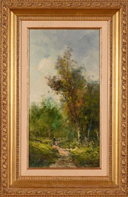 une peinture représentant un sentier dans une zone boisée, avec des arbres
