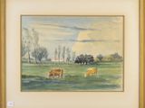 un tableau représentant des vaches paissant dans un champ, avec des arbres en arrière-plan
