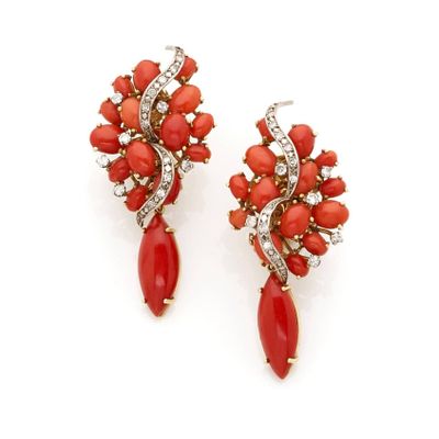 pair of coral and diamond earrings