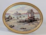 une image représentant une peinture de rochers et d'eau, avec un château en arrière-plan