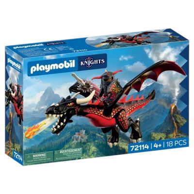 the playmobil dragon is flying through the sky with its wings open