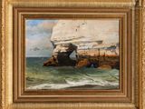 a painting of a sailboat in the ocean near a rock formation