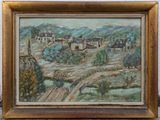 une peinture à l'huile représentant un village avec un pont au premier plan