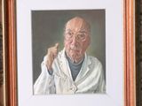 painting of an old man in a lab coat pointing at the camera