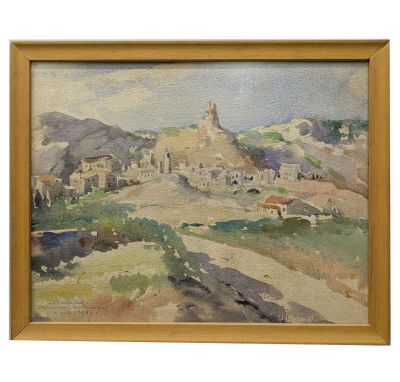 an image of a painting of a village with a church in the background