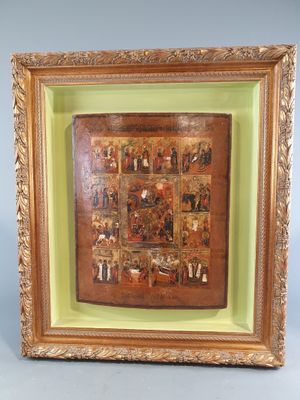 Icone russe figurant douze fêtes principales de l’Orthodoxie…