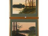 two framed paintings of a river and trees in a forest