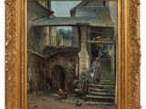 an oil painting of a street scene with a horse and carriage