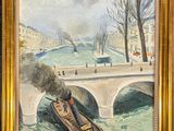 an oil painting of a boat on a river with a bridge in the background