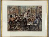 peinture d'un groupe de personnes assises autour d'une table dans une pièce