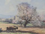 a painting of two cows in a field with a tree in the background