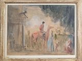 a painting of a man riding a horse with a bird on top of it