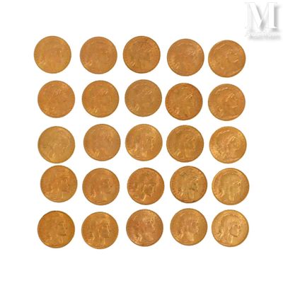 a lot of gold coins on a white surface