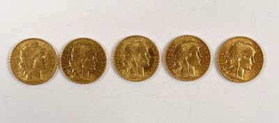 Cinq pièces de 20 francs en or au coq de CHAPLAIN (1808-1906… - Photo 1