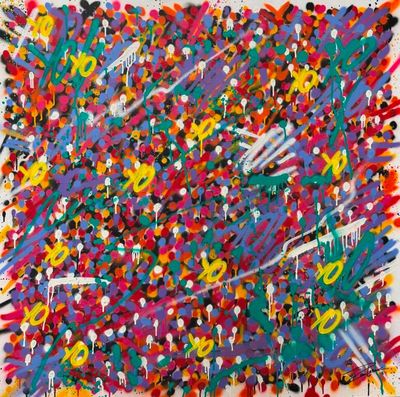 une peinture abstraite représentant des éclaboussures de peinture colorées sur une surface blanche