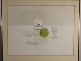 tableau représentant une pomme, des verres et une bouteille de vin