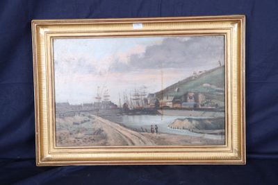 tableau représentant une vue d'un port avec des bateaux et des bâtiments