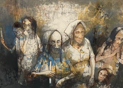 un tableau représentant un groupe de personnes debout, rassemblées
